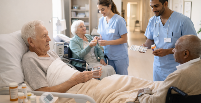 Healthcare professionals supporting older patients in a hospital or care setting, illustrating real-world public health practice